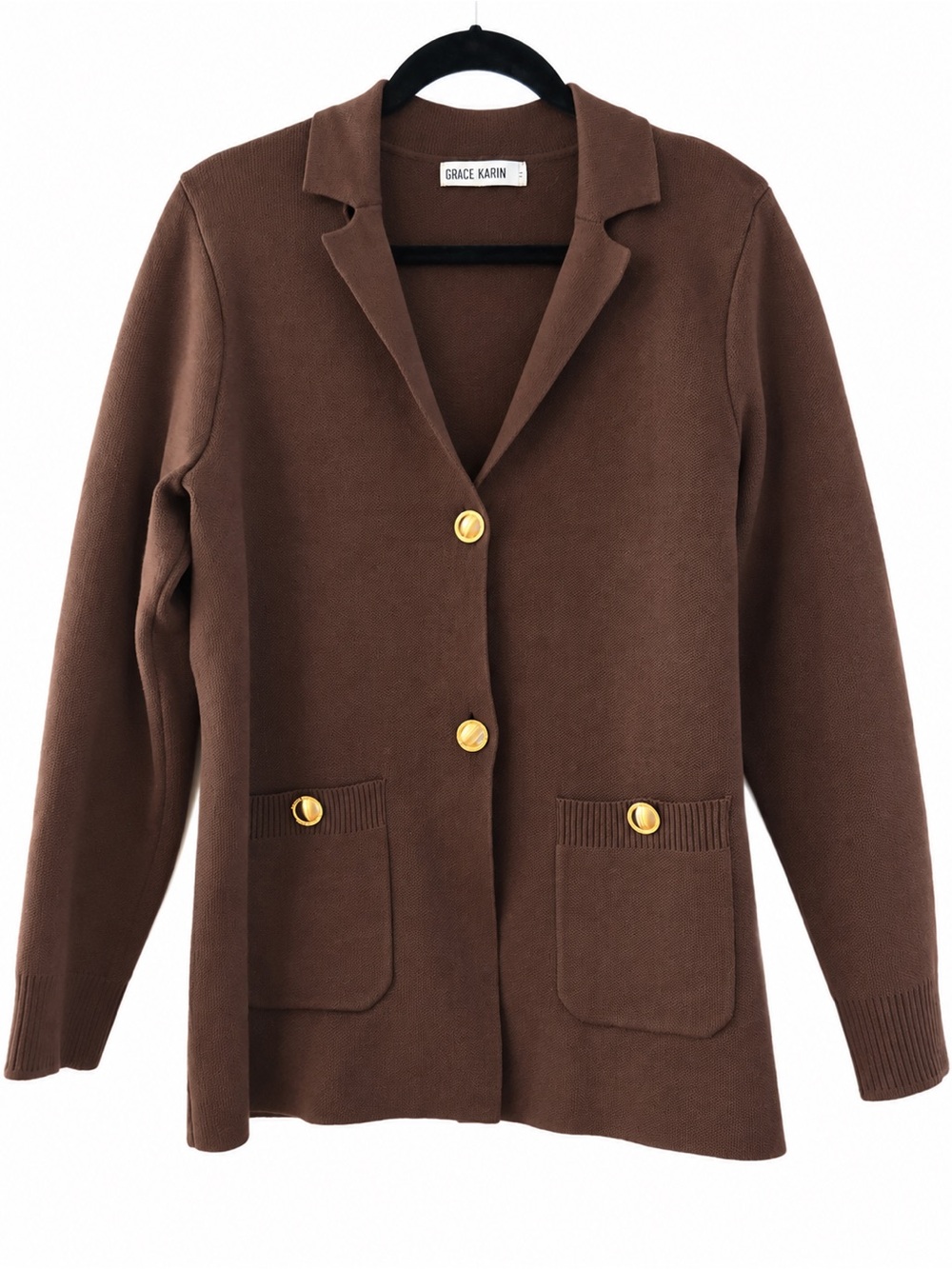 GRACE KARIN Brown Knit Blazer Cardigan Gold Buttons Size L